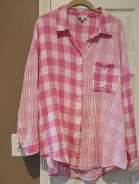 Mud Pie Pink and White Gingham Button-Down Shirt